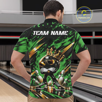 Custom Green And Gold Funny Awesome Crown Bowling Ball Bowling King Men Quarter Zip Team Shirt IPHW12324