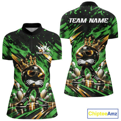 Custom Green And Gold Funny Awesome Crown Bowling Queen Women Quarter-Zip Team Shirt IPHW12324