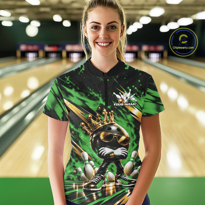 Custom Green And Gold Funny Awesome Crown Bowling Queen Women Quarter-Zip Team Shirt IPHW12324