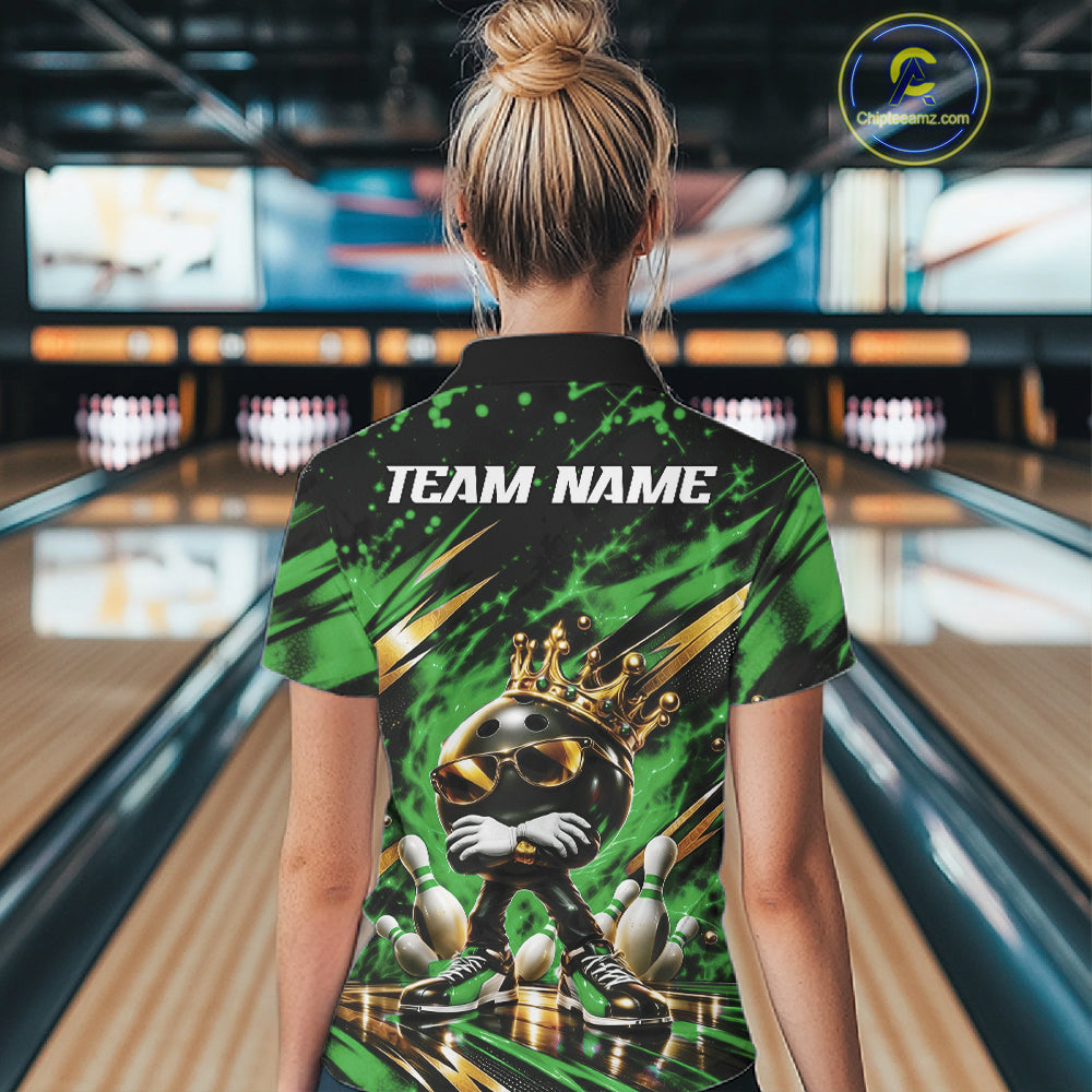 Custom Green And Gold Funny Awesome Crown Bowling Queen Women Quarter-Zip Team Shirt IPHW12324