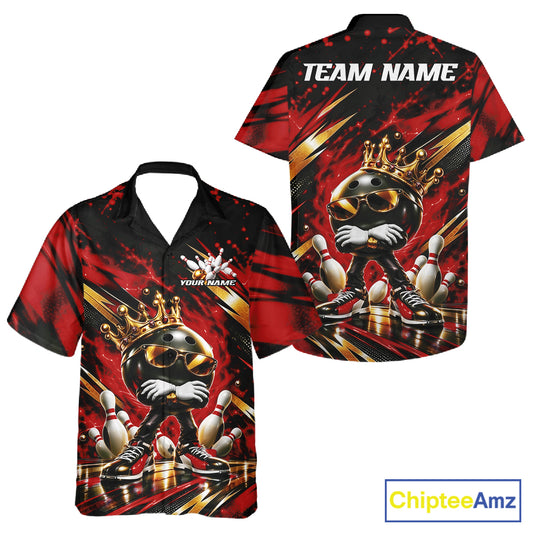 Custom Red And Gold Funny Awesome Crown Bowling Ball Bowling King Men And Women Button Up Team Shirt IPHW12325
