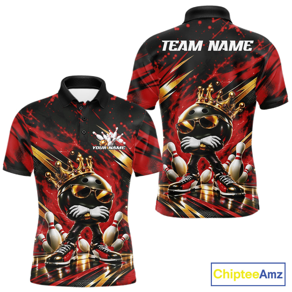 Custom Red And Gold Funny Awesome Crown Bowling Ball Bowling King Men Polo Team Shirt IPHW12325