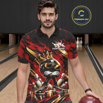 Custom Red And Gold Funny Awesome Crown Bowling Ball Bowling King Men Polo Team Shirt IPHW12325