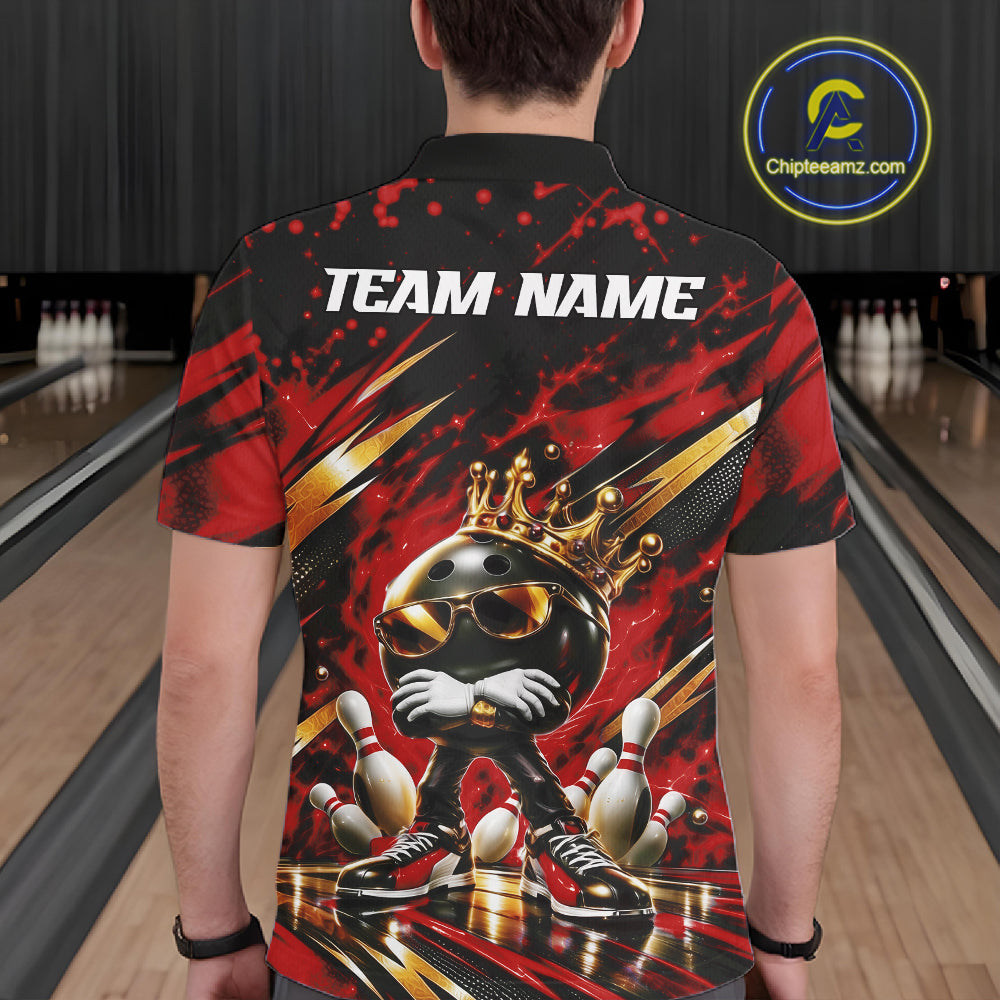 Custom Red And Gold Funny Awesome Crown Bowling Ball Bowling King Men Polo Team Shirt IPHW12325