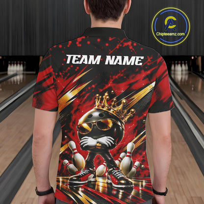 Custom Red And Gold Funny Awesome Crown Bowling Ball Bowling King Men Polo Team Shirt IPHW12325
