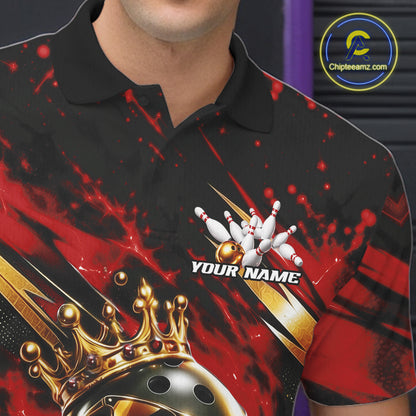 Custom Red And Gold Funny Awesome Crown Bowling Ball Bowling King Men Polo Team Shirt IPHW12325