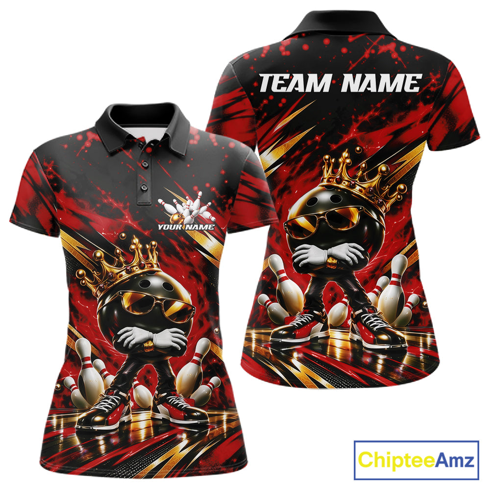 Custom Red And Gold Funny Awesome Crown Bowling Ball Bowling Queen Women Polo Team Shirt IPHW12325
