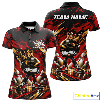 Custom Red And Gold Funny Awesome Crown Bowling Ball Bowling Queen Women Polo Team Shirt IPHW12325