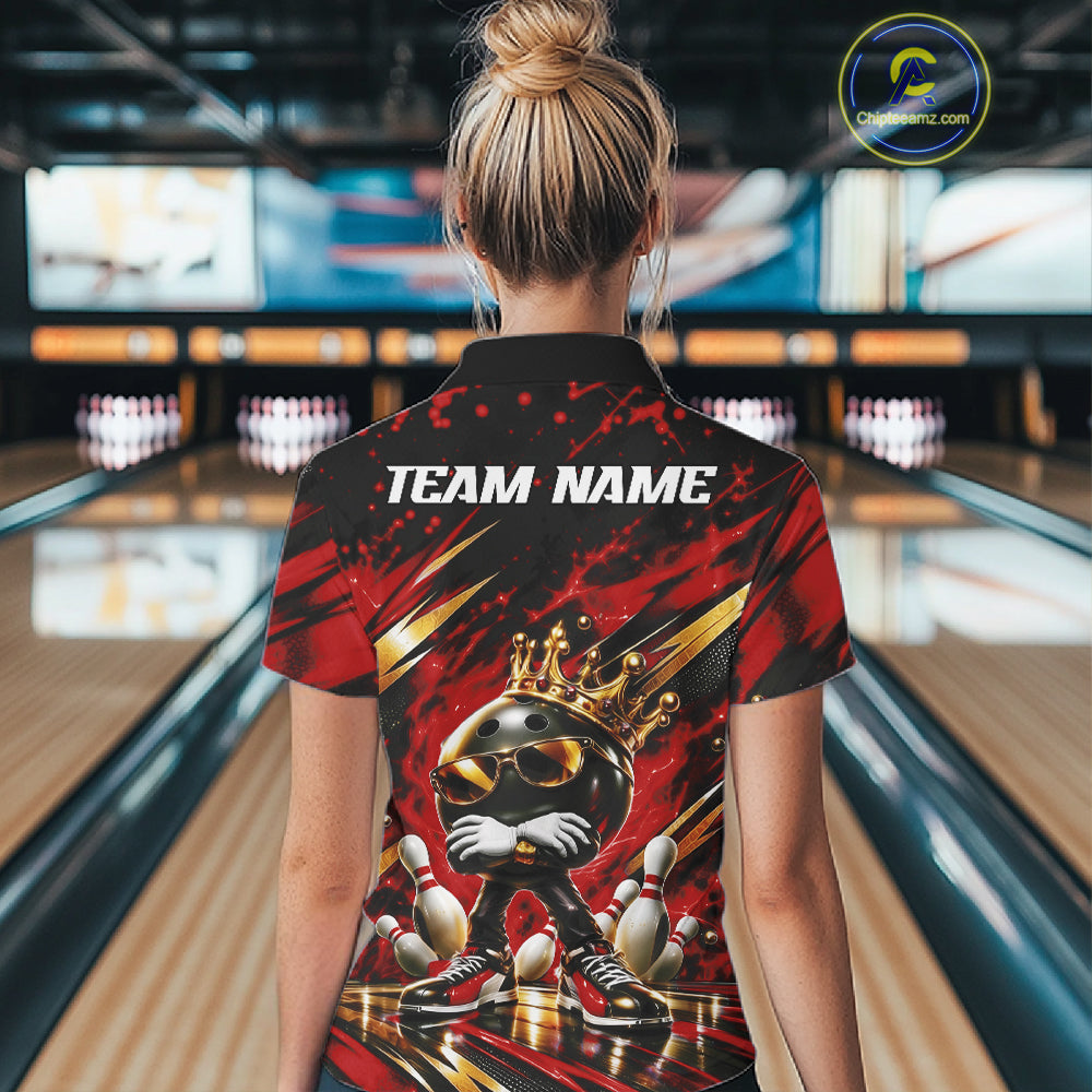 Custom Red And Gold Funny Awesome Crown Bowling Ball Bowling Queen Women Polo Team Shirt IPHW12325