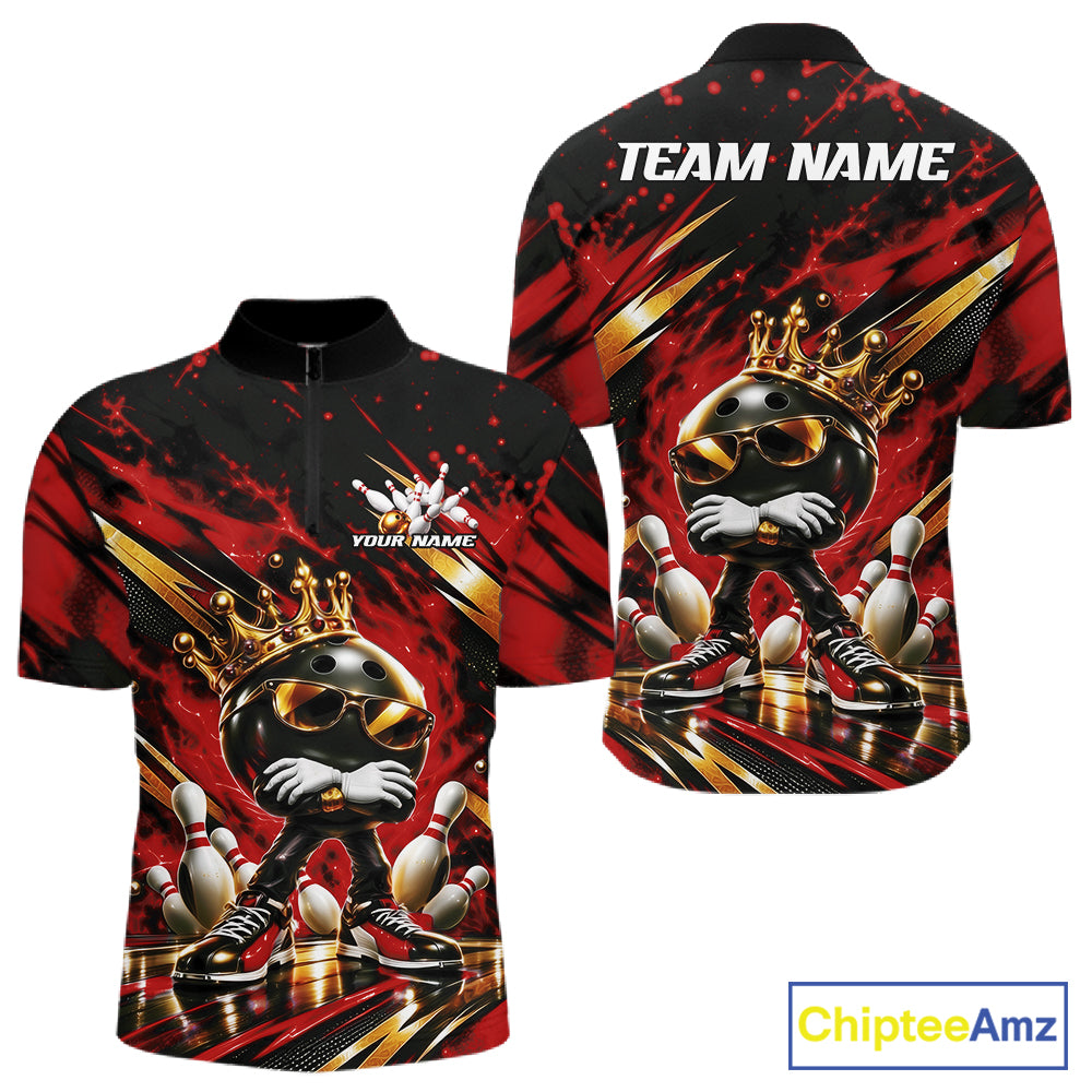 Custom Red And Gold Funny Awesome Crown Bowling Ball Bowling King Men Quarter Zip Team Shirt IPHW12325