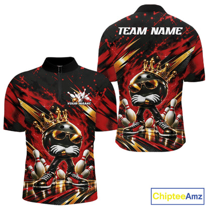 Custom Red And Gold Funny Awesome Crown Bowling Ball Bowling King Men Quarter Zip Team Shirt IPHW12325