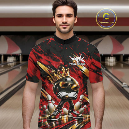 Custom Red And Gold Funny Awesome Crown Bowling Ball Bowling King Men Quarter Zip Team Shirt IPHW12325
