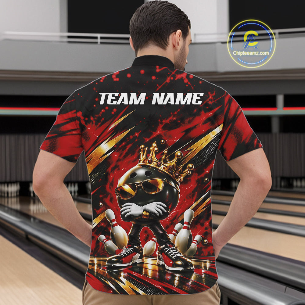 Custom Red And Gold Funny Awesome Crown Bowling Ball Bowling King Men Quarter Zip Team Shirt IPHW12325