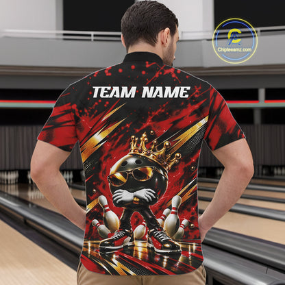 Custom Red And Gold Funny Awesome Crown Bowling Ball Bowling King Men Quarter Zip Team Shirt IPHW12325