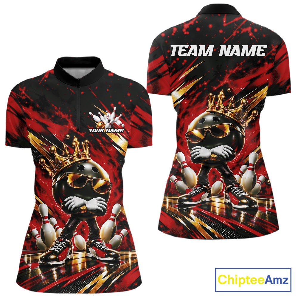 Custom Red And Gold Funny Awesome Crown Bowling Queen Women Quarter-Zip Team Shirt IPHW12325