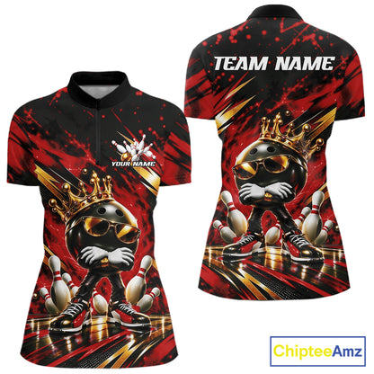Custom Red And Gold Funny Awesome Crown Bowling Queen Women Quarter-Zip Team Shirt IPHW12325