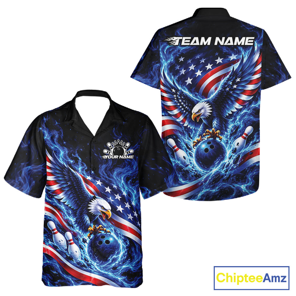 Custom American Flag Flame Eagle Bowling Men And Women Button Up Shirt, Patriotic Bowling Jersey IPHW12331