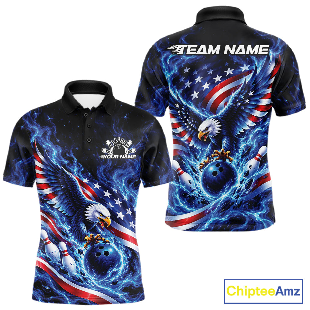 Custom American Flag Flame Eagle Bowling Men Polo Shirt, Patriotic Bowling Jersey IPHW12331