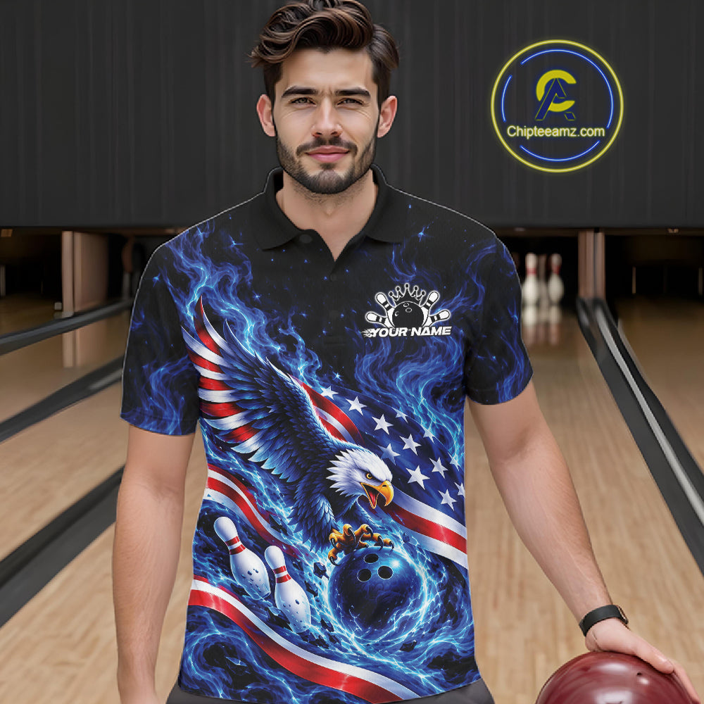 Custom American Flag Flame Eagle Bowling Men Polo Shirt, Patriotic Bowling Jersey IPHW12331