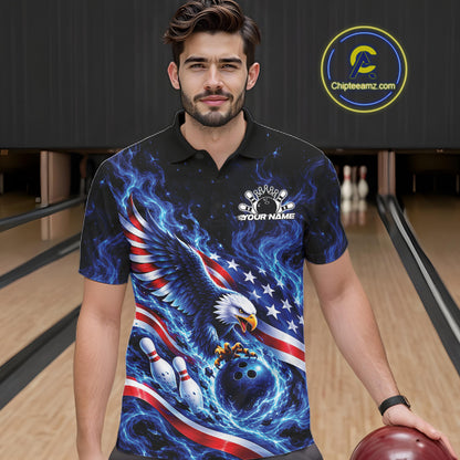 Custom American Flag Flame Eagle Bowling Men Polo Shirt, Patriotic Bowling Jersey IPHW12331
