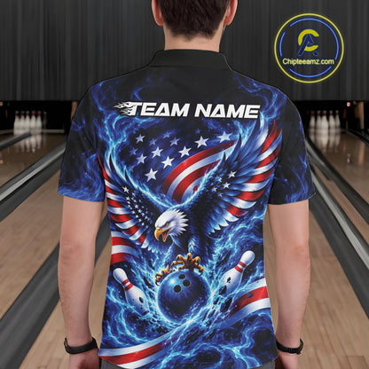 Custom American Flag Flame Eagle Bowling Men Polo Shirt, Patriotic Bowling Jersey IPHW12331