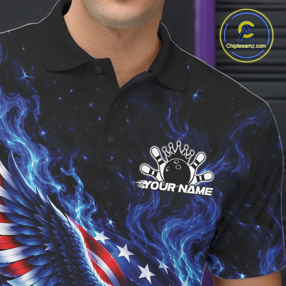 Custom American Flag Flame Eagle Bowling Men Polo Shirt, Patriotic Bowling Jersey IPHW12331