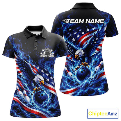 Custom American Flag Flame Eagle Bowling Women Polo Shirt, Patriotic Bowling Jersey IPHW12331