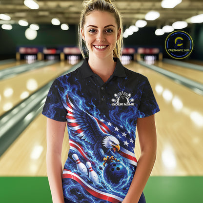 Custom American Flag Flame Eagle Bowling Women Polo Shirt, Patriotic Bowling Jersey IPHW12331