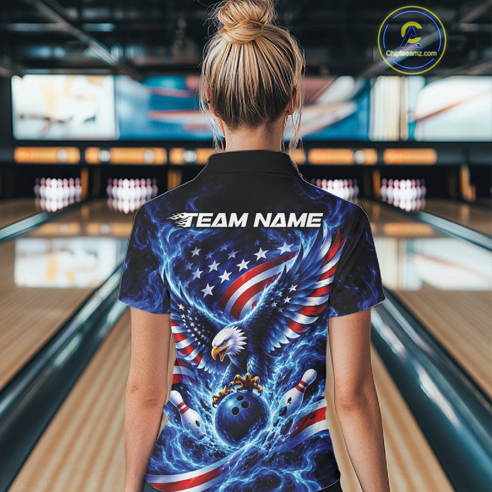 Custom American Flag Flame Eagle Bowling Women Polo Shirt, Patriotic Bowling Jersey IPHW12331
