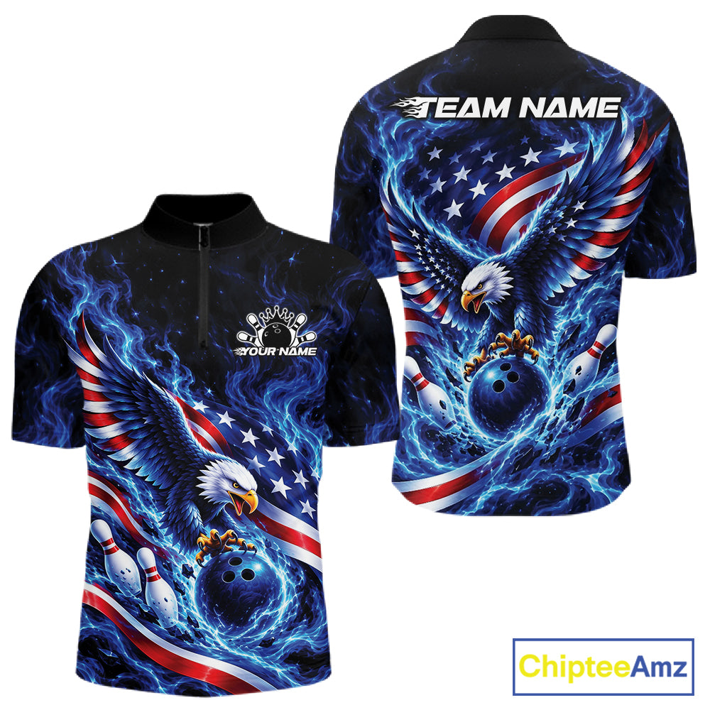 Custom American Flag Flame Eagle Bowling Men Quarter Zip Shirt, Patriotic Bowling Jersey IPHW12331