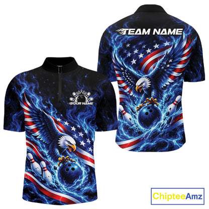 Custom American Flag Flame Eagle Bowling Men Quarter Zip Shirt, Patriotic Bowling Jersey IPHW12331