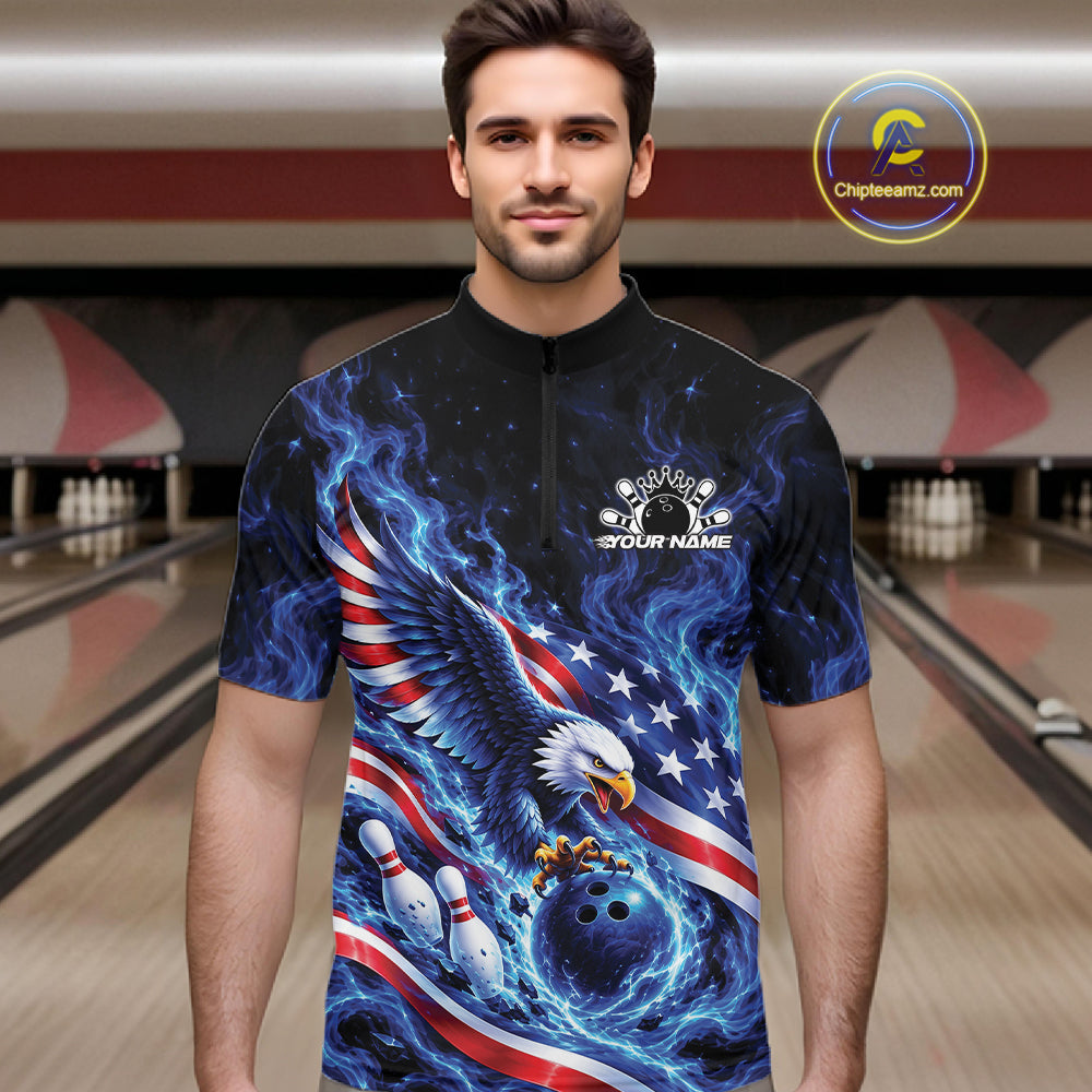 Custom American Flag Flame Eagle Bowling Men Quarter Zip Shirt, Patriotic Bowling Jersey IPHW12331