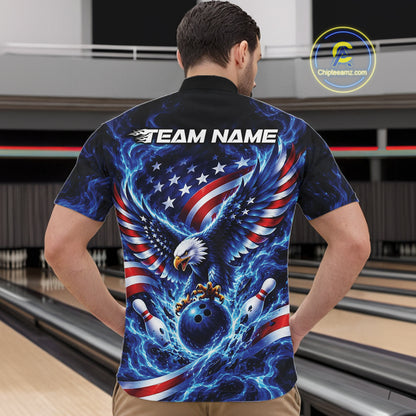 Custom American Flag Flame Eagle Bowling Men Quarter Zip Shirt, Patriotic Bowling Jersey IPHW12331