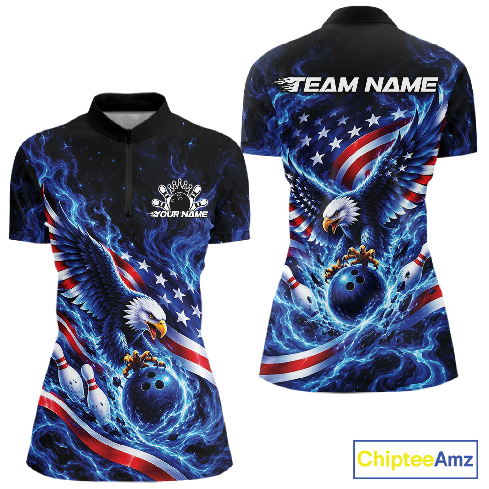 Custom American Flag Flame Eagle Bowling Women Quarter-Zip Shirt, Patriotic Jersey IPHW12331