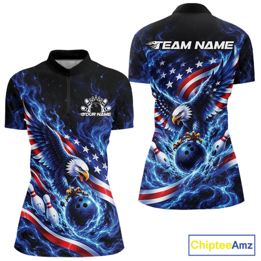Custom American Flag Flame Eagle Bowling Women Quarter-Zip Shirt, Patriotic Jersey IPHW12331