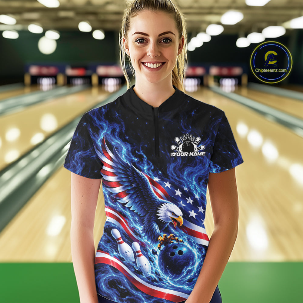 Custom American Flag Flame Eagle Bowling Women Quarter-Zip Shirt, Patriotic Jersey IPHW12331