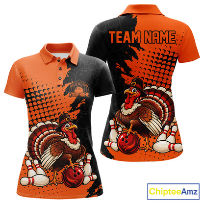 Custom Funny Turkey With Pilgrim Hat, Orange Thanksgiving Women Polo Bowling Shirt IPHW12808