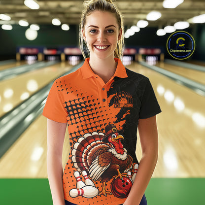 Custom Funny Turkey With Pilgrim Hat, Orange Thanksgiving Women Polo Bowling Shirt IPHW12808