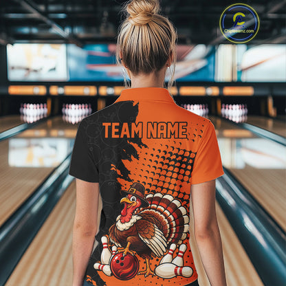Custom Funny Turkey With Pilgrim Hat, Orange Thanksgiving Women Polo Bowling Shirt IPHW12808