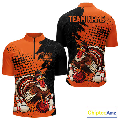 Custom Funny Turkey With Pilgrim Hat, Orange Thanksgiving Men Quarter Zip Bowling Shirt IPHW12808