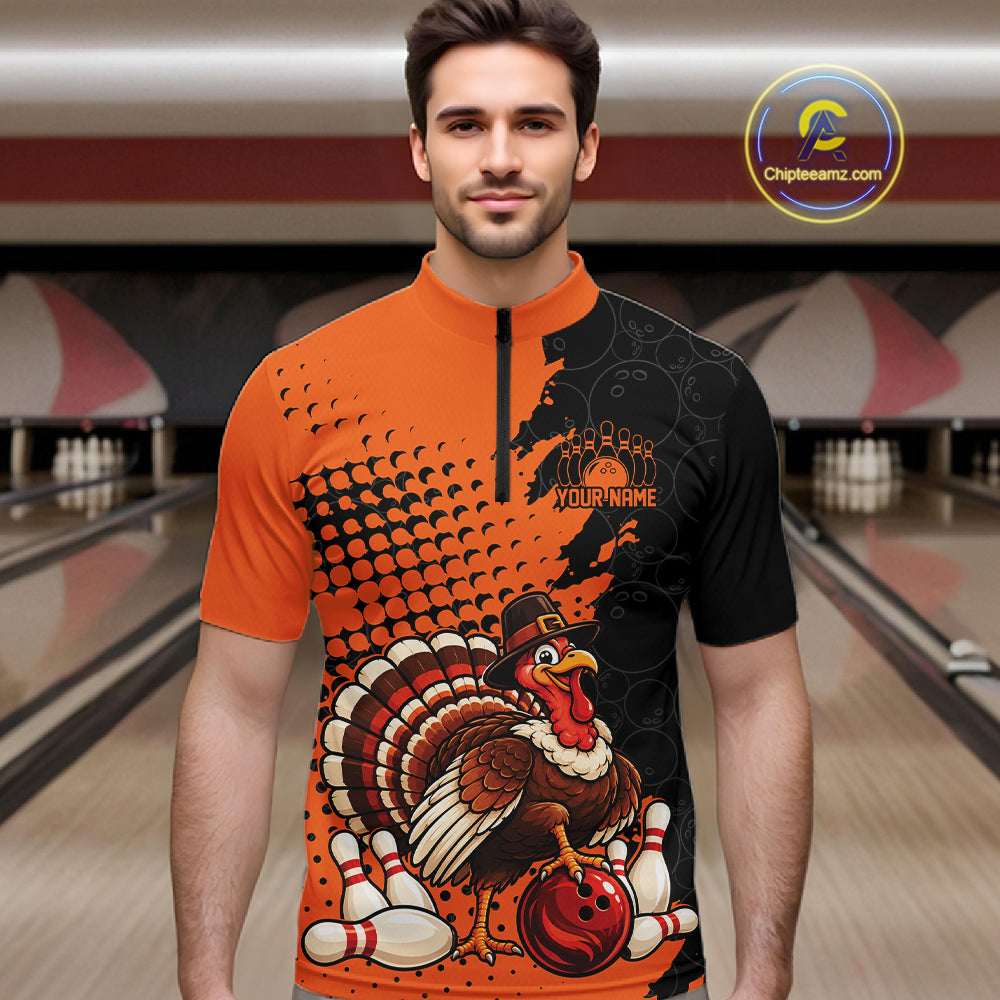 Custom Funny Turkey With Pilgrim Hat, Orange Thanksgiving Men Quarter Zip Bowling Shirt IPHW12808