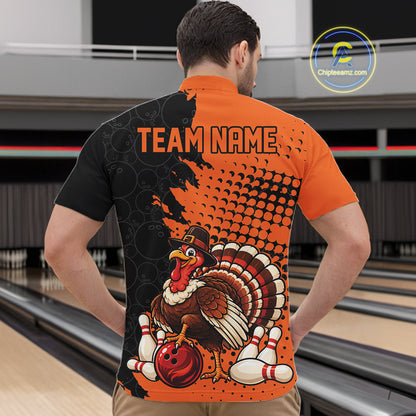 Custom Funny Turkey With Pilgrim Hat, Orange Thanksgiving Men Quarter Zip Bowling Shirt IPHW12808