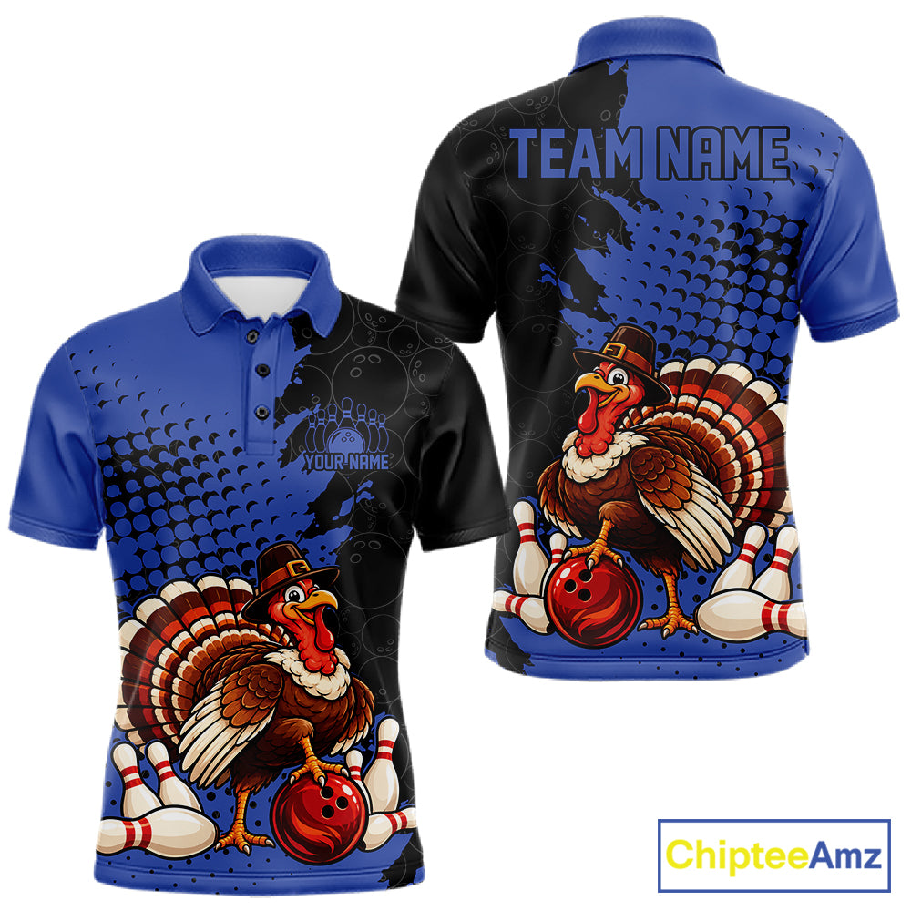 Custom Funny Turkey With Pilgrim Hat, Blue Thanksgiving Men Polo Bowling Shirt IPHW12809