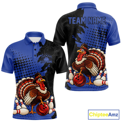 Custom Funny Turkey With Pilgrim Hat, Blue Thanksgiving Men Polo Bowling Shirt IPHW12809