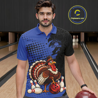 Custom Funny Turkey With Pilgrim Hat, Blue Thanksgiving Men Polo Bowling Shirt IPHW12809