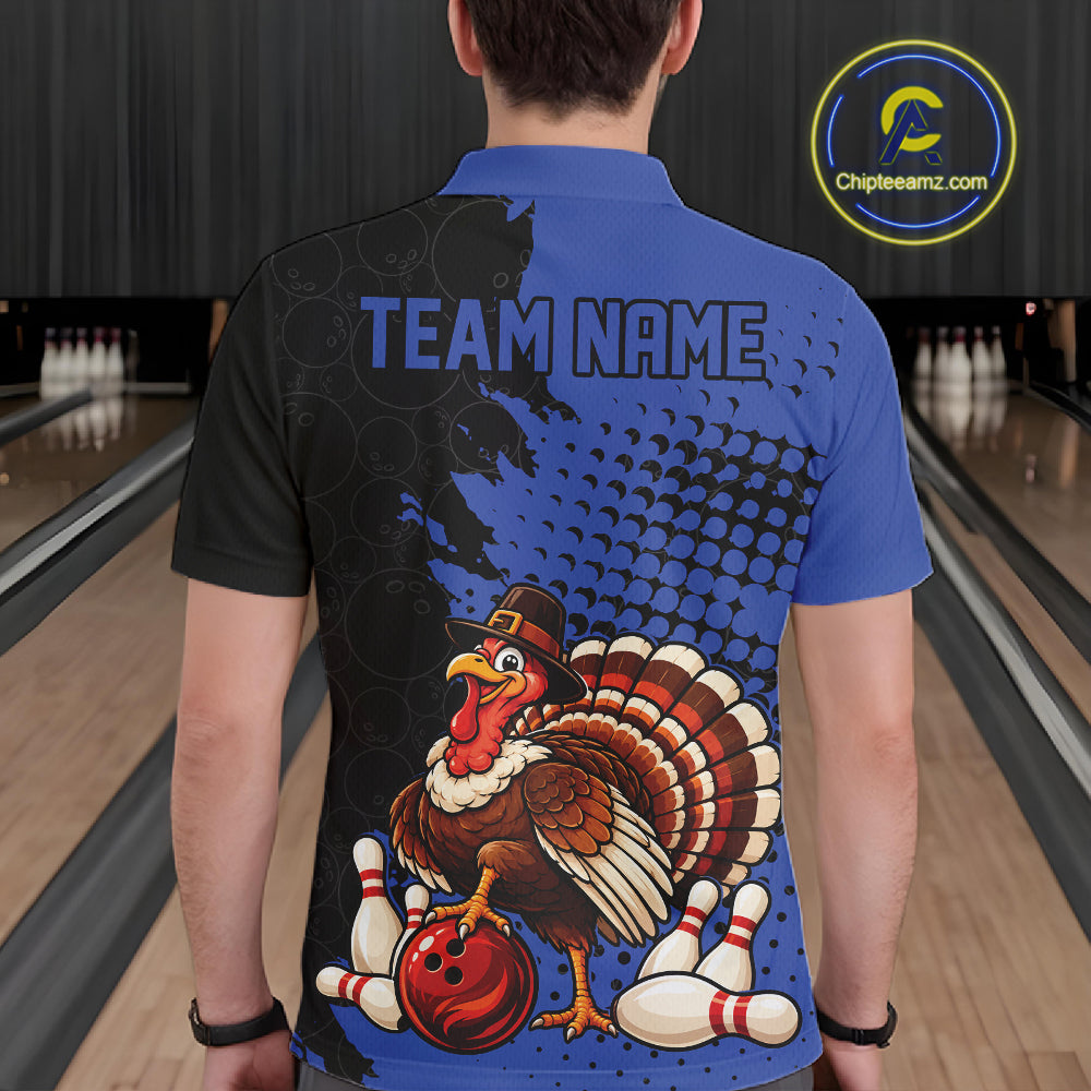 Custom Funny Turkey With Pilgrim Hat, Blue Thanksgiving Men Polo Bowling Shirt IPHW12809