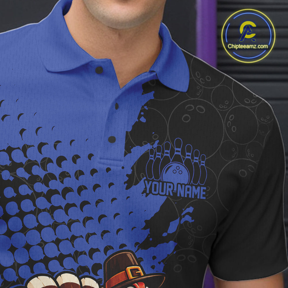Custom Funny Turkey With Pilgrim Hat, Blue Thanksgiving Men Polo Bowling Shirt IPHW12809