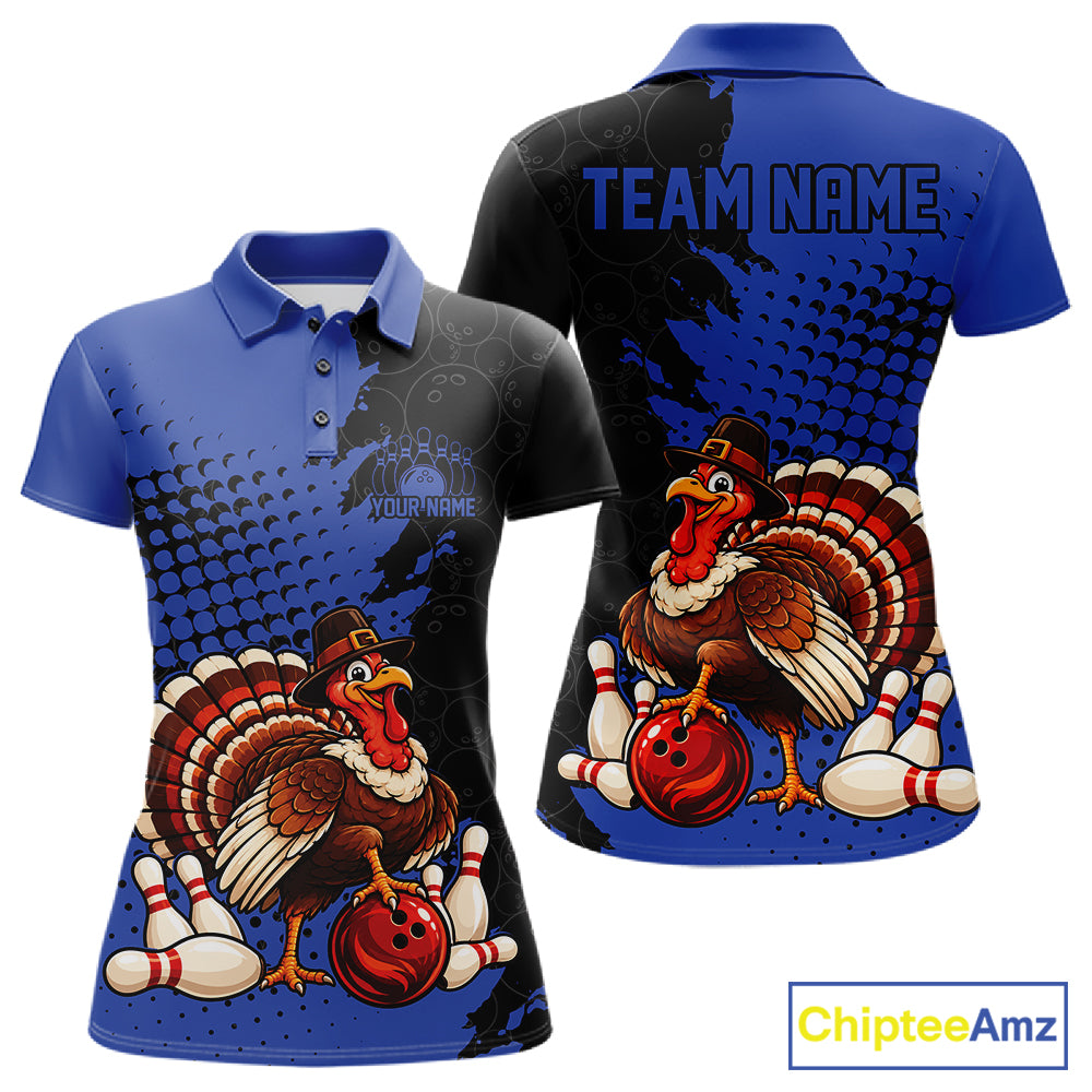Custom Funny Turkey With Pilgrim Hat, Blue Thanksgiving Women Polo Bowling Shirt IPHW12809
