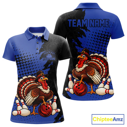 Custom Funny Turkey With Pilgrim Hat, Blue Thanksgiving Women Polo Bowling Shirt IPHW12809
