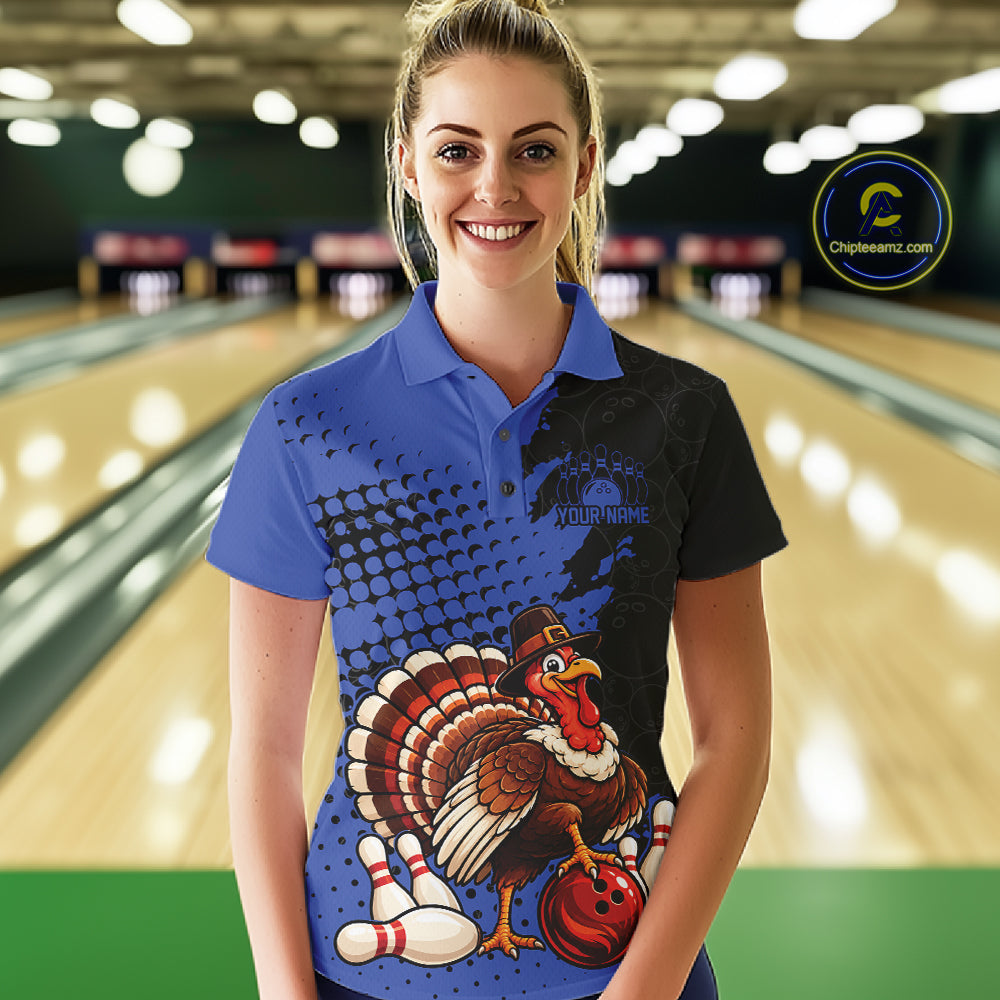 Custom Funny Turkey With Pilgrim Hat, Blue Thanksgiving Women Polo Bowling Shirt IPHW12809